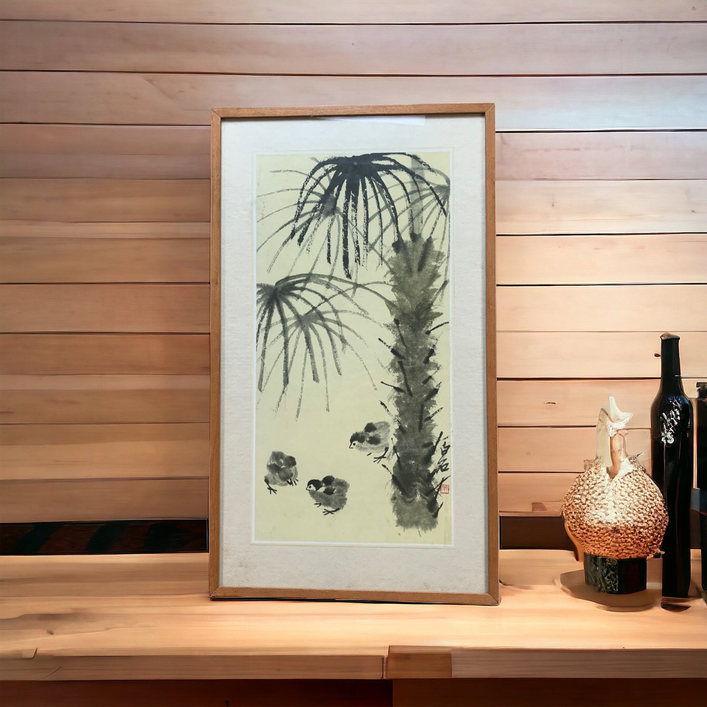Qui Baishi - Küken unter Palmen - mit Rahmen