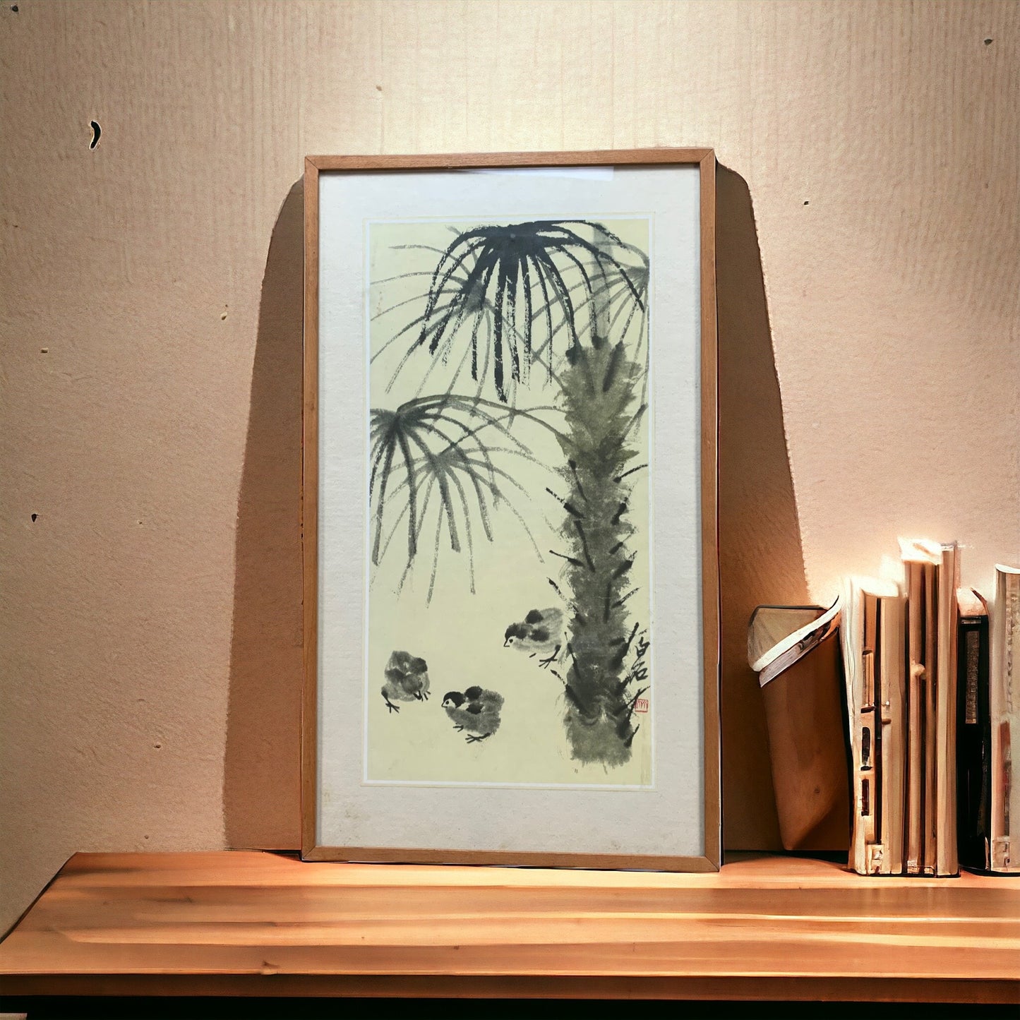 Qui Baishi - Küken unter Palmen - mit Rahmen