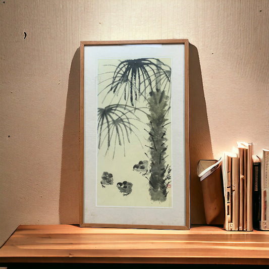 Qui Baishi - Küken unter Palmen - mit Rahmen